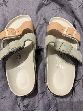 Birkenstock Two-Buckle Sandals in Peach and grey